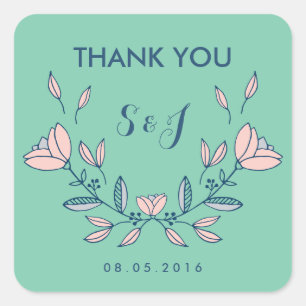 Teal Vintage Flower Bröllop Tack Sticker Fyrkantigt Klistermärke