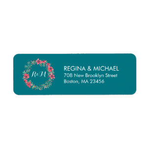 Teal Vintage Flower WAN Monogram Adressetikett Returadress Etikett