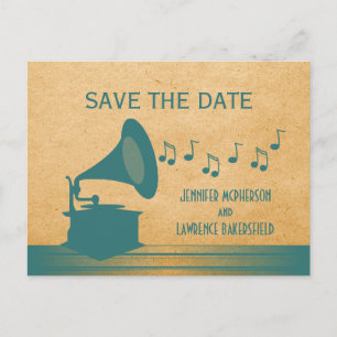 Teal Vintage Gramophone Save Date Postcard Meddelande Vykort