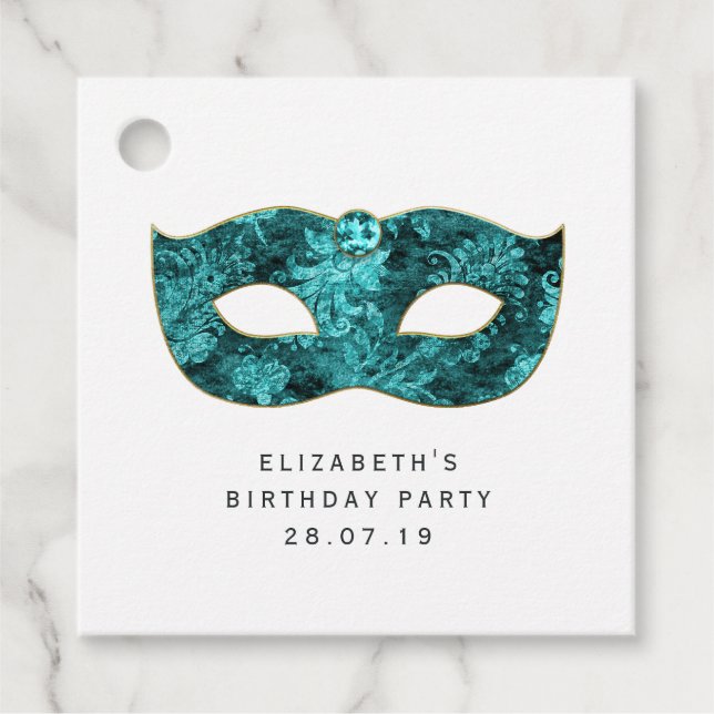 Teal Vintage Masqueramask och Damask Gåvor Etiketter (Framsida)