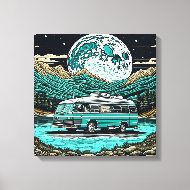 Teal Vintage RV Camper in Mountain Retro Canvastryck (Framsida)