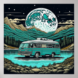Teal Vintage RV Camper in Mountain Retro Poster