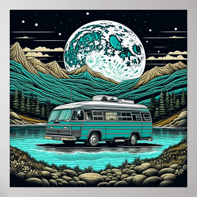 Teal Vintage RV Camper in Mountain Retro Poster (Framsidan)