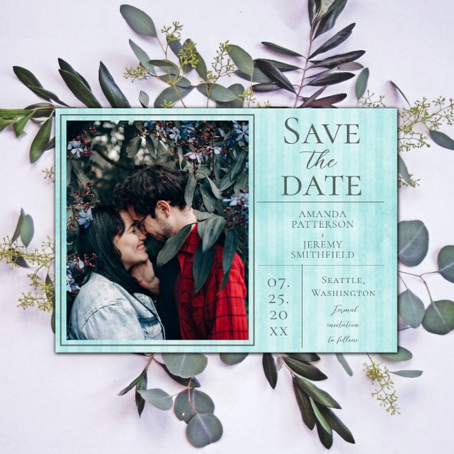 Teal Vintage Stripe Photo Save Date Spara Datumet (Teal Vintage Striped Photo Save the Date)