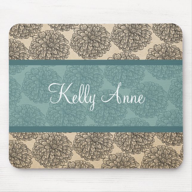 Teal Vintage Zinnia Mousepad Musmatta (Framsidan)