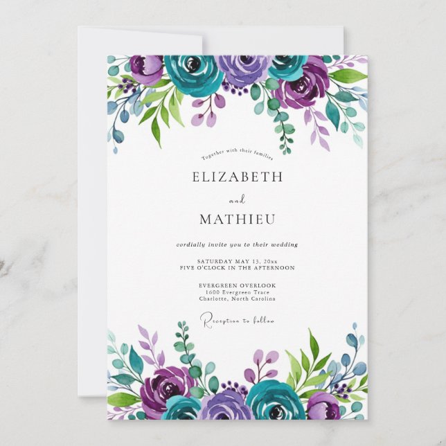 Teal Violet Majestic Botanical Wedding Inbjudningar (Framsida)