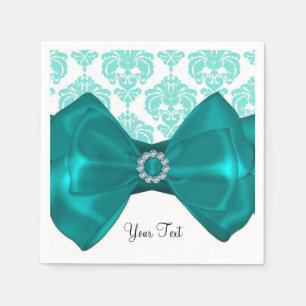 Teal & Vit Damask Bling Bow Glam Söt 16 Fests Pappersservett