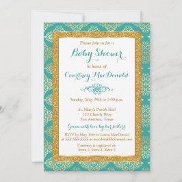 Teal, Vit, Guld FALSK Glitter Barnkalas Inbjudan