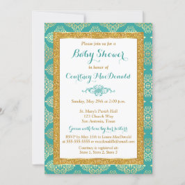 Teal, Vit, Guld FALSK Glitter Barnkalas Inbjudan