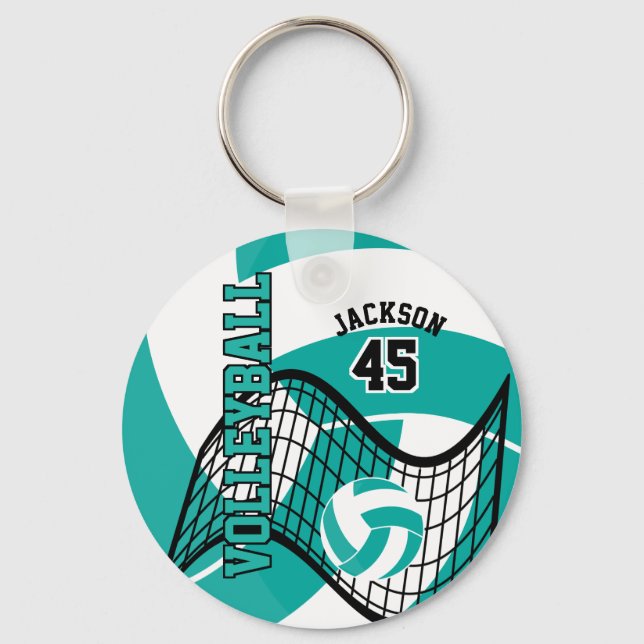 Teal, vit och svart Volleyball-design Nyckelring (Framsida)