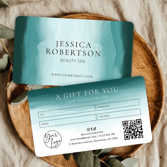 Teal Watercolor Aesthetician Spa Gift Certificate Visitkort (Elegant teal watercolor business gift voucher with your logo, QR code and contact details)