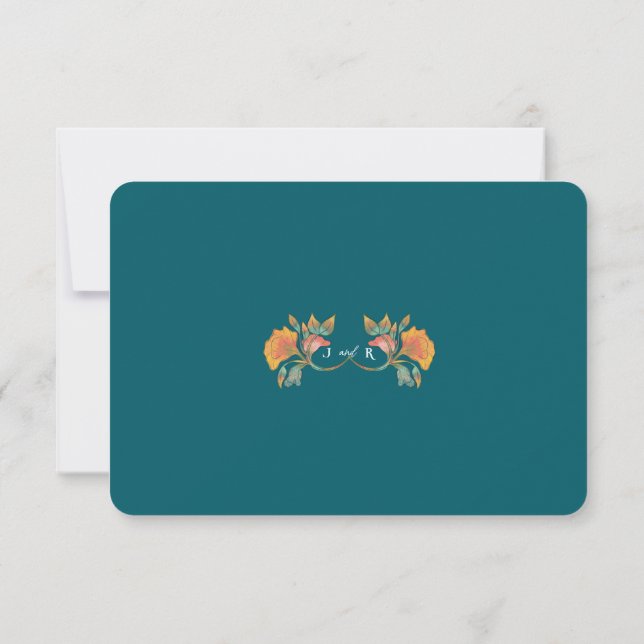 Teal Watercolor Art nouveau Bröllop OSA Card (Baksida)