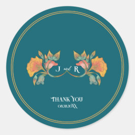 Teal Watercolor Art nouveau Bröllop Runt Klistermärke