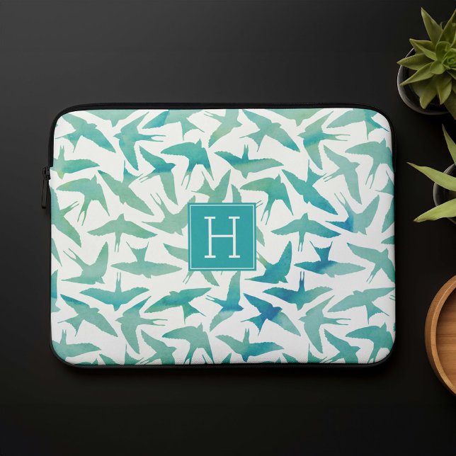 Teal Watercolor Birds Mönster Laptop Sleeve (Skapare uppladdad)