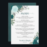 Teal Watercolor Blommigt Elegant Boho Bröllop Meny<br><div class="desc">Den här vackra bröllop-menyn har en rustik boho-blommigt med manusskrift och handmålad vattenfärg ro i chic, i färgnyanser, turkos, akvarier och cyan. Texten är helt och hållet anpassade med utrymme för parets datum namn & bröllop. Elegant, snyggt och chic, det här kortet är ett underbart sätt att lägga till klass...</div>