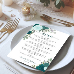 Teal Watercolor Blommigt Elegant Boho Bröllop Meny