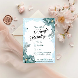 Teal Watercolor Blommigts Birthday Inbjudningar