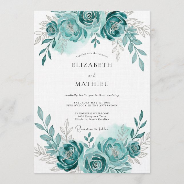 Teal Watercolor Bloom Romance Wedding Inbjudningar (Framsida)