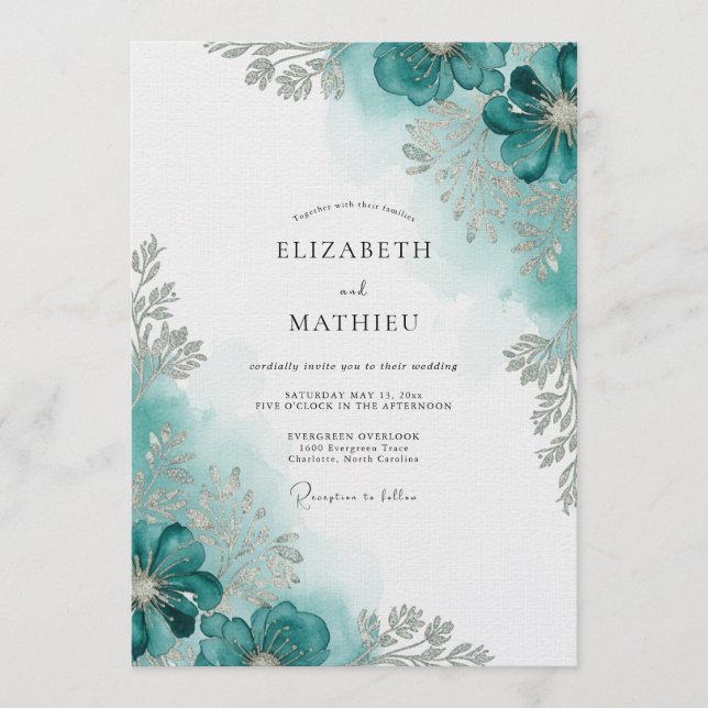 Teal Watercolor Bloom Wedding Inbjudningar (Framsida)