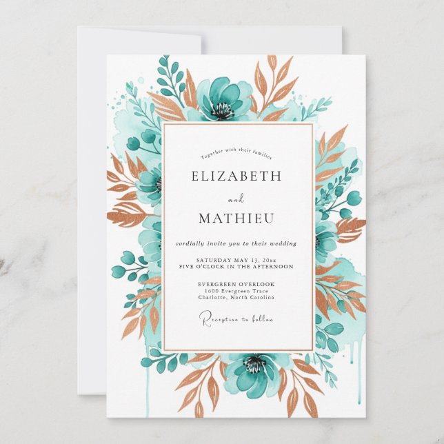 Teal Watercolor Blossom Wedding Inbjudningar (Framsida)