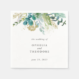 Teal Watercolor Botanical Bröllop Monogram Pappersservett