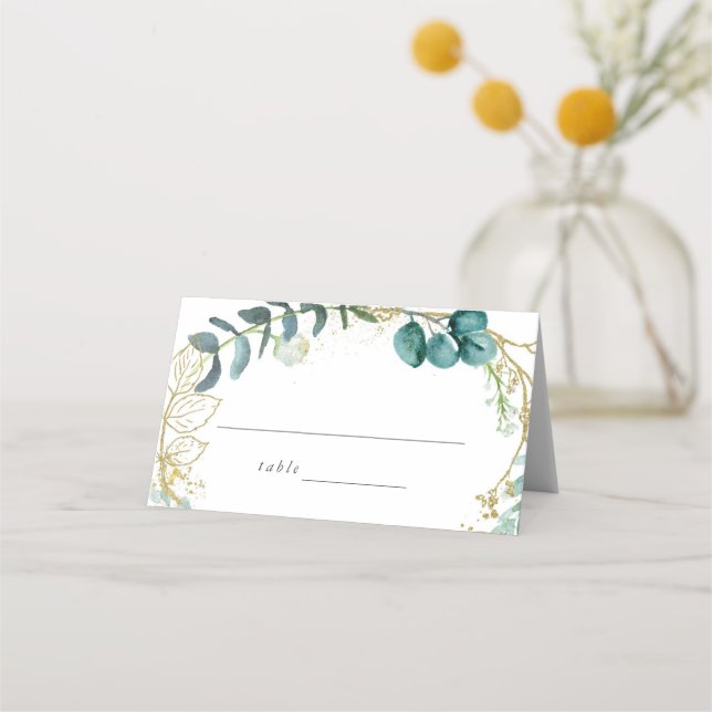 Teal Watercolor Botanical Greenery Bröllop Placeringskort (Framsida)