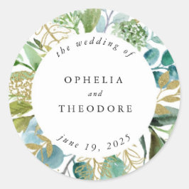 Teal Watercolor Botanical Wedding Favor Tack Runt Klistermärke