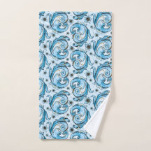Teal Watercolor C-Scrollsar och Flowers Hand Towel