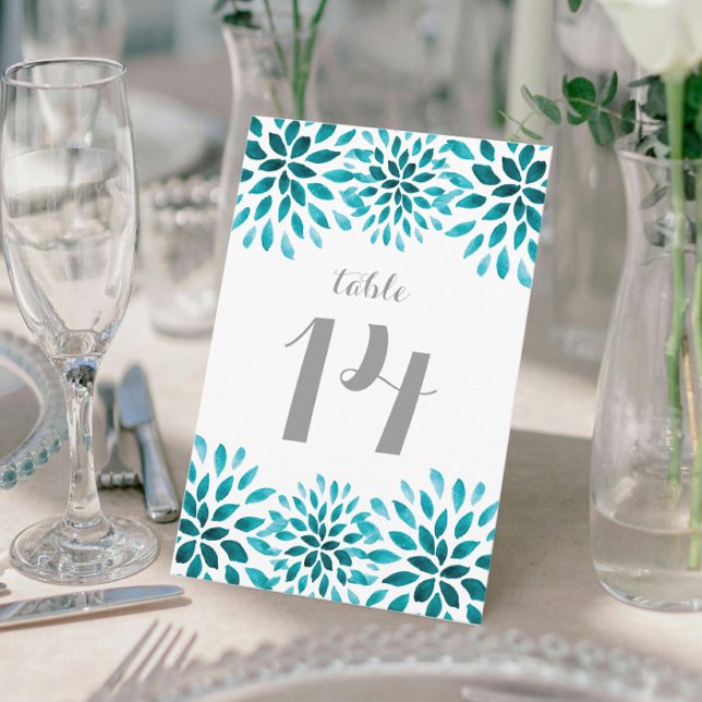 Teal Watercolor Chrysanthemum Bord vykort (Teal Watercolor Chrysanthemum Wedding Table Number Card)