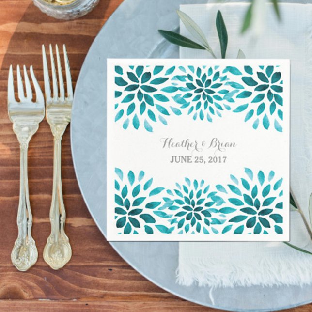Teal Watercolor Chrysanthemum Pappra Napkins Pappersservett (Teal Watercolor Chrysanthemum Wedding Paper Napkins)