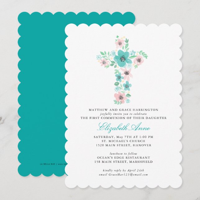 Teal Watercolor Flower Kor First Heliga Communisio Inbjudningar (Fram/baksida)