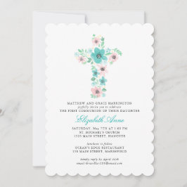 Teal Watercolor Flower Kor First Heliga Communisio Inbjudningar