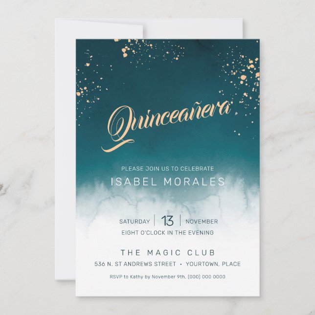 Teal Watercolor Golden Splatter Quinceanera Party Inbjudningar (Framsida)