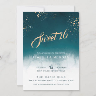 Teal Watercolor Golden Splatter Sweet 16 Party Inbjudningar