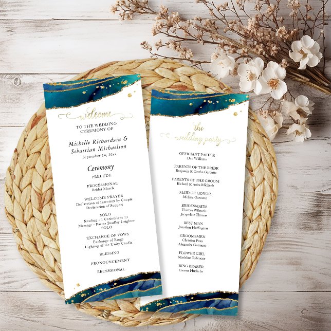 Teal Watercolor Guld Agate Bröllop Program (Teal Watercolor Gold Agate Wedding Program
)