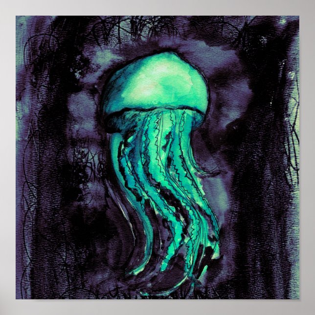 Teal Watercolor Jellyfish Poster (Framsidan)
