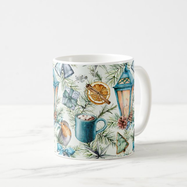 Teal Watercolor jul Inslag Mönster Kaffemugg (Framsida höger)
