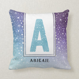 Teal Watercolor Monogram Galaxy Lila Snöflingor Kudde