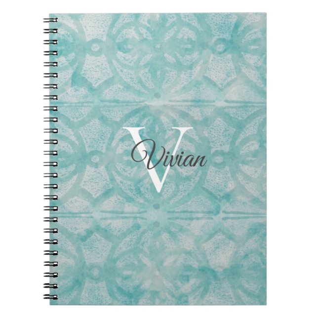 Teal Watercolor Monogram Namn Anteckningsbok (Framsidan)