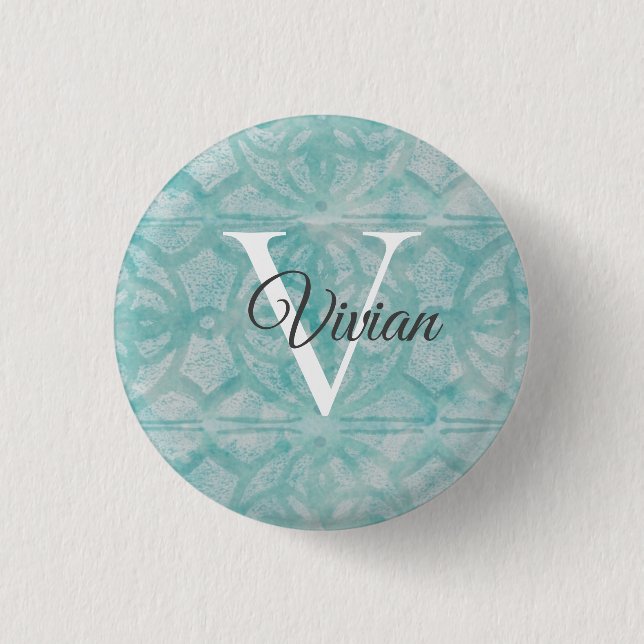 Teal Watercolor Monogram Namn Knapp (Framsida)