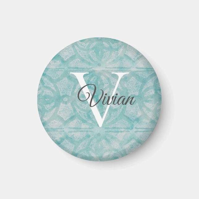Teal Watercolor Monogram Namn Magnet (Framsidan)