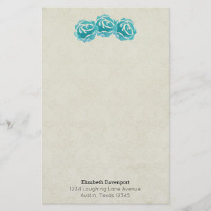 Teal Watercolor Ro på mönstret Faded Tan Damask Brevpapper