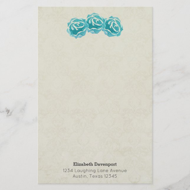 Teal Watercolor Ro på mönstret Faded Tan Damask Brevpapper (Framsida)
