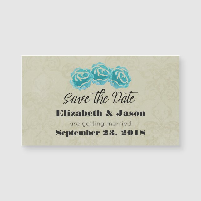 Teal Watercolor Ro på Tan Damask Save Date (Framsida)