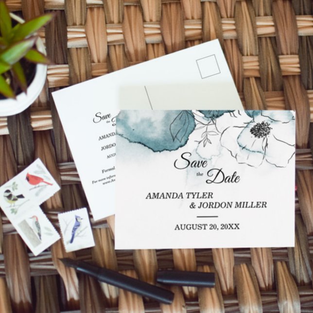 Teal Watercolor Sketch Bröllop spara datum Meddelande Vykort (Skapare uppladdad)