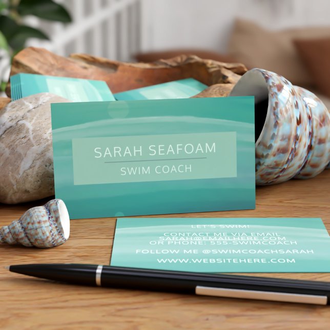 Teal Watercolor Vinkar Modern Simma Coach Visitkort (A teal watercolor design that will look great as your Swim Coach Business Cards. Add your details)
