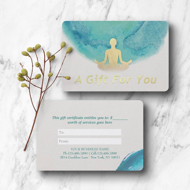 Teal Watercolor YOGA Instructor Gift Certificate Rabattkort (Skapare uppladdad)