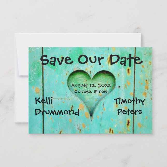 Teal Weasted Wood Heart-3x5Bröllopet Spara datum Datumet (Framsida)