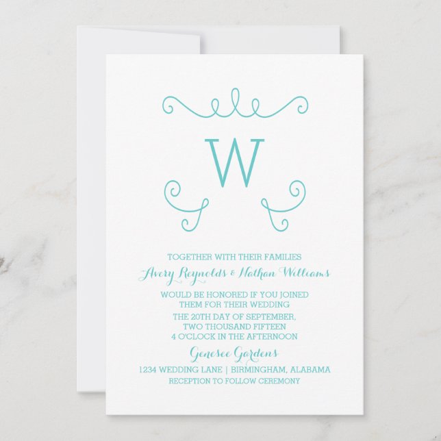 Teal Whimsical Flourish Monogram bröllopsinbjudan Inbjudningar (Framsida)