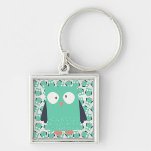 Teal Whimsical Uggla Fyrkantig Silverfärgad Nyckelring